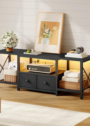 Compact LED TV Stand with Fabric Drawers and Mesh Shelves for TVs up to 50 Inches, Media Console for Living Room and Bedroom, Black DS11DBB