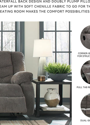 Signature Design by Ashley Tulen Contemporary Manual Pull Tab Reclining Sofa in Dark Gray