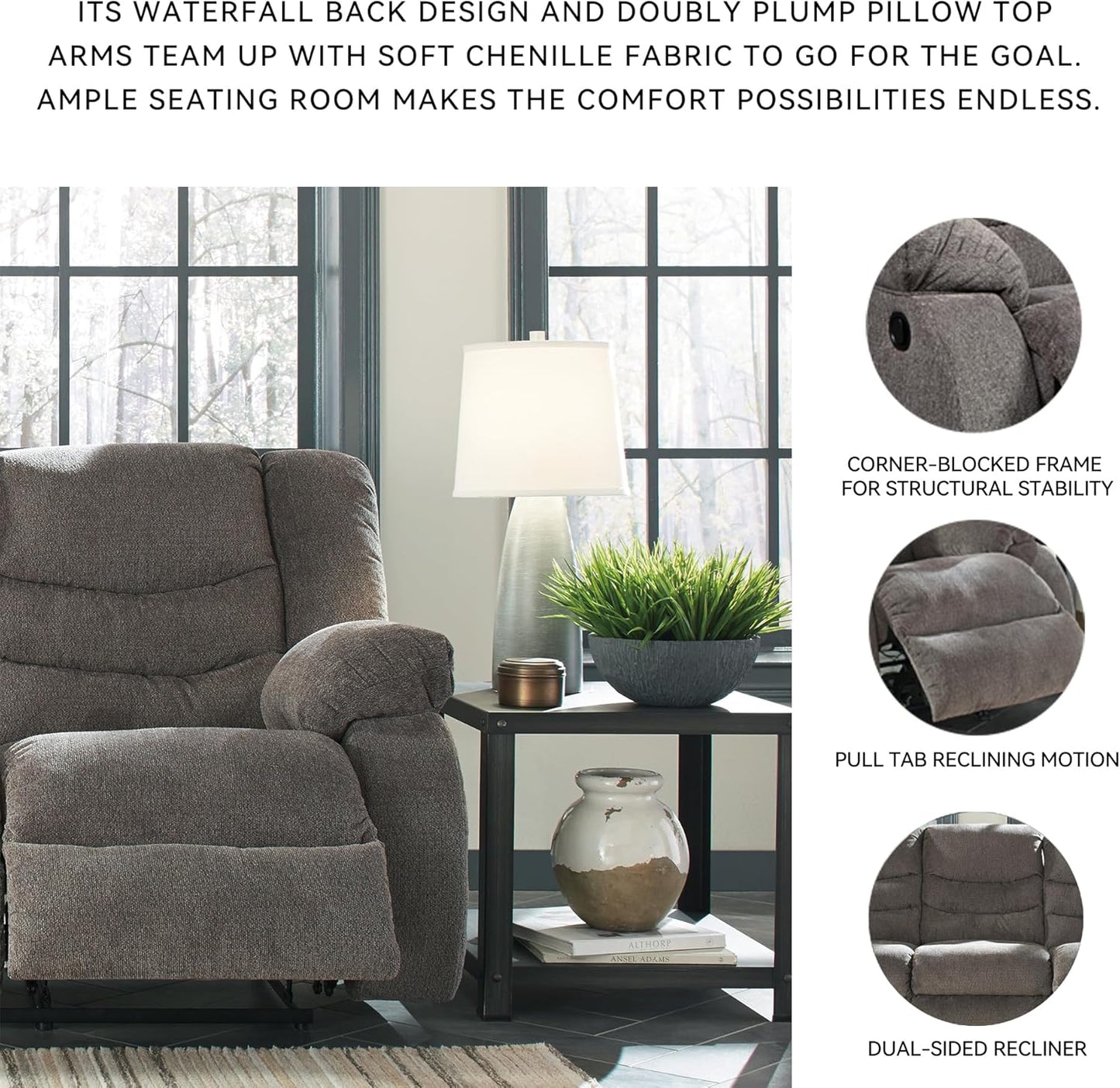 Tulen Modern Manual Pull Tab Reclining Sofa, Dark Gray