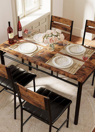 Rustic Brown Dining Table Set for Four with Upholstered Chairs, Perfect for Kitchens and Compact Spaces