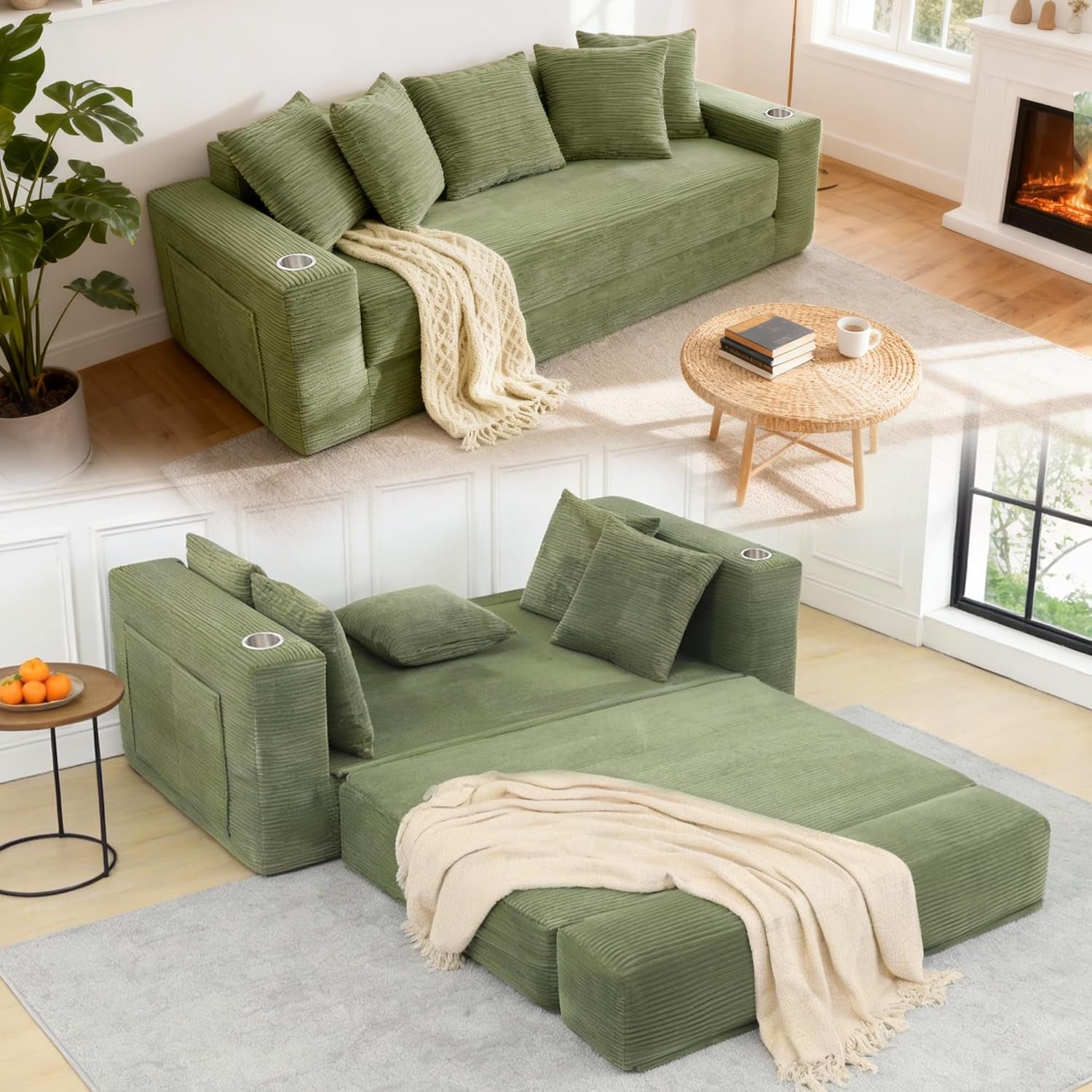 76" Convertible Sofa Bed, 2-In-1 Boneless Sleeper Sofa with Cup Holder & Pocket, Corduroy Pull Out Couch with 5 Pillows, Couch Bed for Living Room, Small Spaces, Bedroom, No Assembly