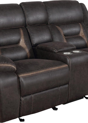 Greer Faux Leather Upholstered Motion Reclining Loveseat with Console, Lift-Top Storage, and Built-In Cupholders for Living Room and Home Theater, Brown