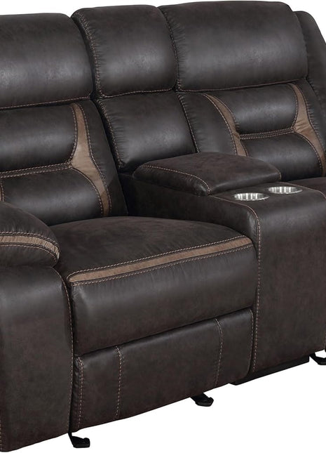 Greer Faux Leather Upholstered Motion Reclining Loveseat with Console, Lift-Top Storage, and Built-In Cupholders for Living Room and Home Theater, Brown