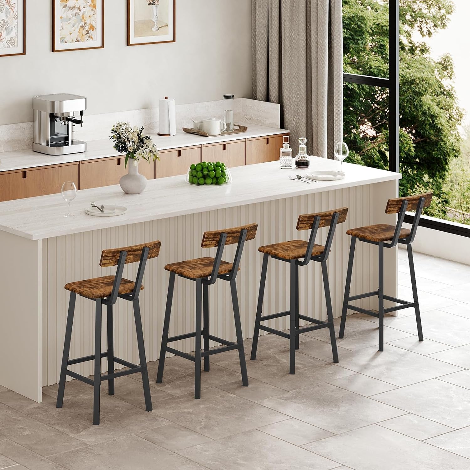 Bar Stools, Set of 2 Bar Chairs with Backrest and Footrest, 26" Breakfast Chairs, Counter Stools for Bar, Living Room, Kitchen, and Dining Room, Rustic Brown and Black BAHR05101