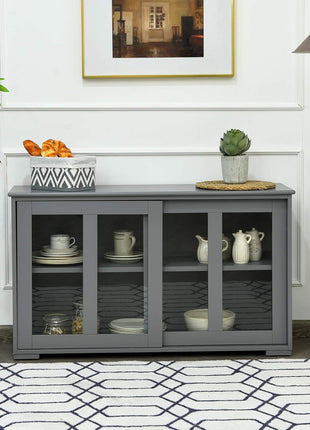 Elegant Grey Wooden Sideboard Buffet Cabinet with Adjustable Shelves and Sliding Glass Doors, Ideal Accent Console Table for Living Room, Dining Room, and Hallway