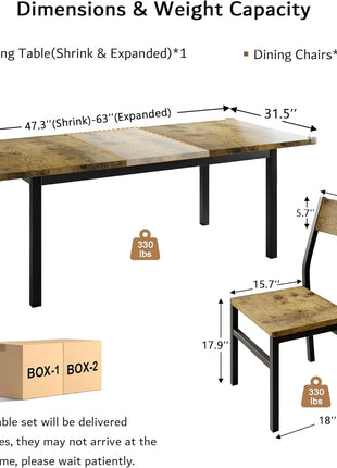 7-Piece Extendable Dining Set for 4-6 with 63" Kitchen Table and 6 Chairs, MDF and Metal Frame, Perfect for Compact Spaces, Easy Assembly, Rustic Brown Finish