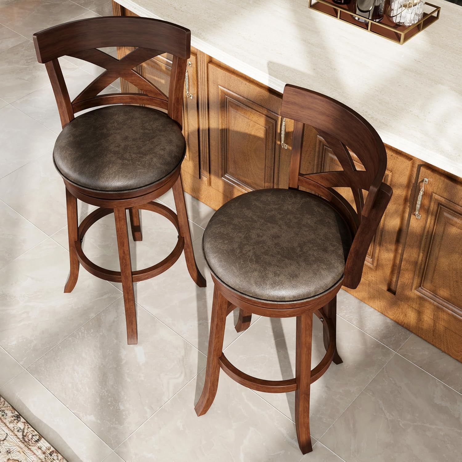 30 Inch Bar Height Stools Set of 4,Swivel Wooden Barstools Tall Upholstered Faux Leather Barstool with Back,Vintage Bar Height Chairs,Dark Brown Kitchen Stools