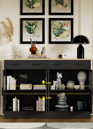 53-Inch Modern Black Buffet Cabinet with Storage - Stylish Kitchen Sideboard Featuring 2 Drawers and 4 Doors, Perfect for Dining Room, Living Room, and Hallway