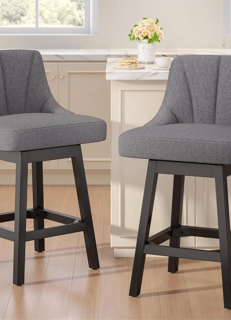 Set of 2 Modern Upholstered Linen Fabric Swivel Bar Stools, 26-Inch Counter Height with Backs, Solid Wood Legs in Dark Gray for Kitchen Island and Dining Room