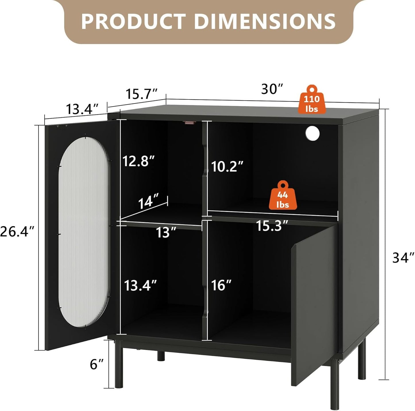 Sideboard Buffet Cabinet with Fluted Glass Doors and Adjustable Shelf, Wood Modern Accent Cabinet with Storage for Kitchen, Entryway, Living Room, Black