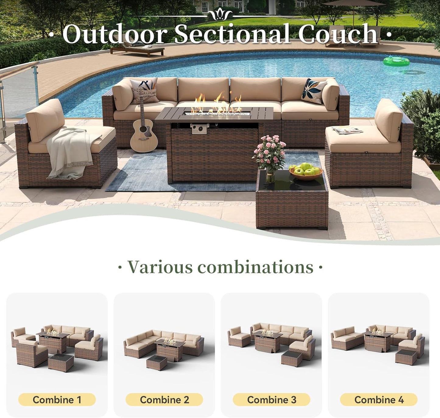 8 Piece Patio Furniture Set with 44” Fire Pit Table Wicker Rattan Outdoor Sectional Sofa Set with Coffee Table and Thickened Cushions, Beige (Waterproof Cover Included)