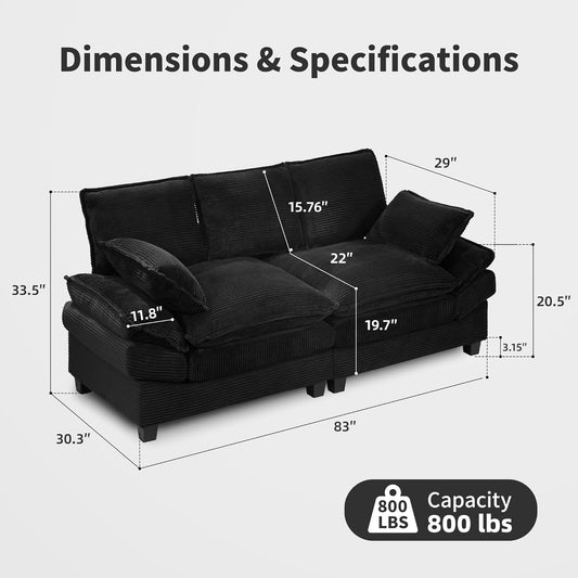 83" Loveseat Sofa, Cloud Couches for Living Room, Comfy Corduroy Couch with Deep Seat, Love Seat Couches for Bedroom, Apartment and Office, Easy Assemble for Small Space (Black)