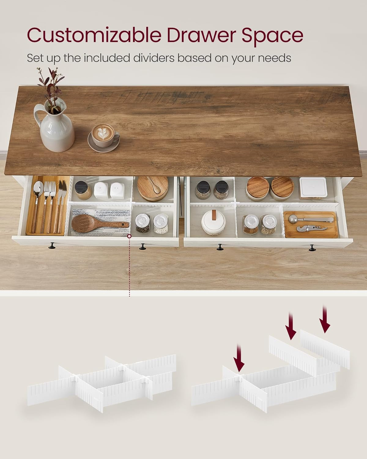 LIRY Collection - Buffet Cabinet, Coffee Bar Cabinet with 2 Drawers, Adjustable Shelves, Sideboard Storage with Cable Holes, Drawer Dividers, Rustic White and Honey Brown UBBK381W01