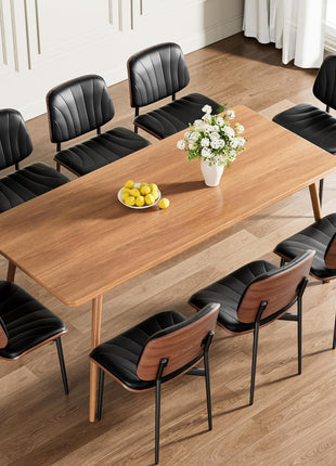 Set of 6 Mid-Century Modern Upholstered PU Leather Dining Chairs with Walnut Bentwood Back and Metal Legs, Featuring Adjustable Feet for Kitchen and Dining Room, Black Shell Strips