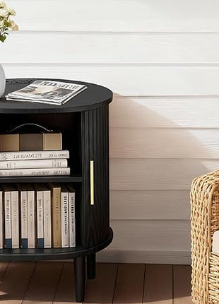 Mid-Century Modern Nightstand Set of 2 with Integrated Charging Station, Fluted Accent Side Table with Sliding Door and Adjustable Shelf, Perfect for Compact Living Room or Bedroom Spaces, Black
