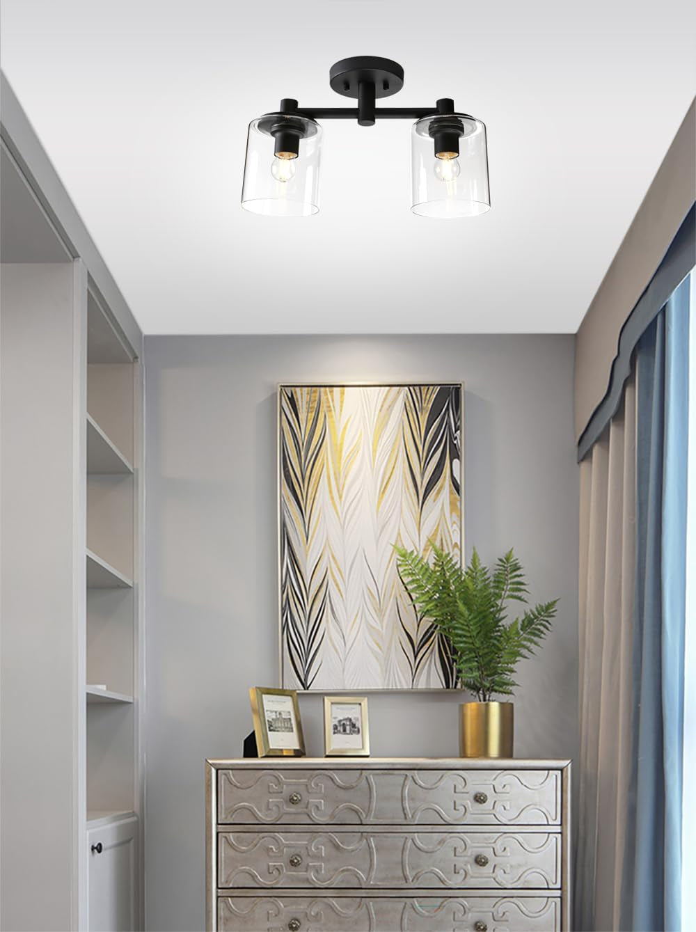 2-Light Semi Flush Mount Ceiling Light, Industrial Pendant Lighting Fixture with Glass Shade, Ceiling Chandelier Lamp for Hallway Loft Kitchen Bar