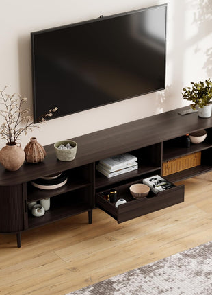 86.6-Inch Mid-Century Modern Fluted TV Stand with Power Outlet for TVs up to 90", Adjustable Shelves, and Sliding Door in Dark Walnut Finish