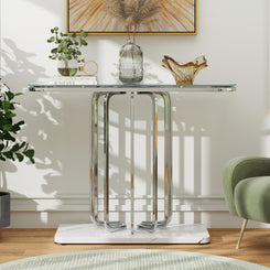 43" Modern Glass Console Table with Curved Chrome Frame & Faux Marble Base, Silver Narrow Sofa Table for Entryway, Living Room, Hallway, Home Office