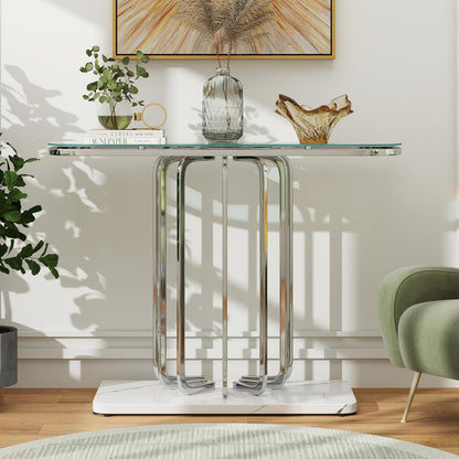 43" Modern Glass Console Table with Curved Chrome Frame & Faux Marble Base, Silver Narrow Sofa Table for Entryway, Living Room, Hallway, Home Office