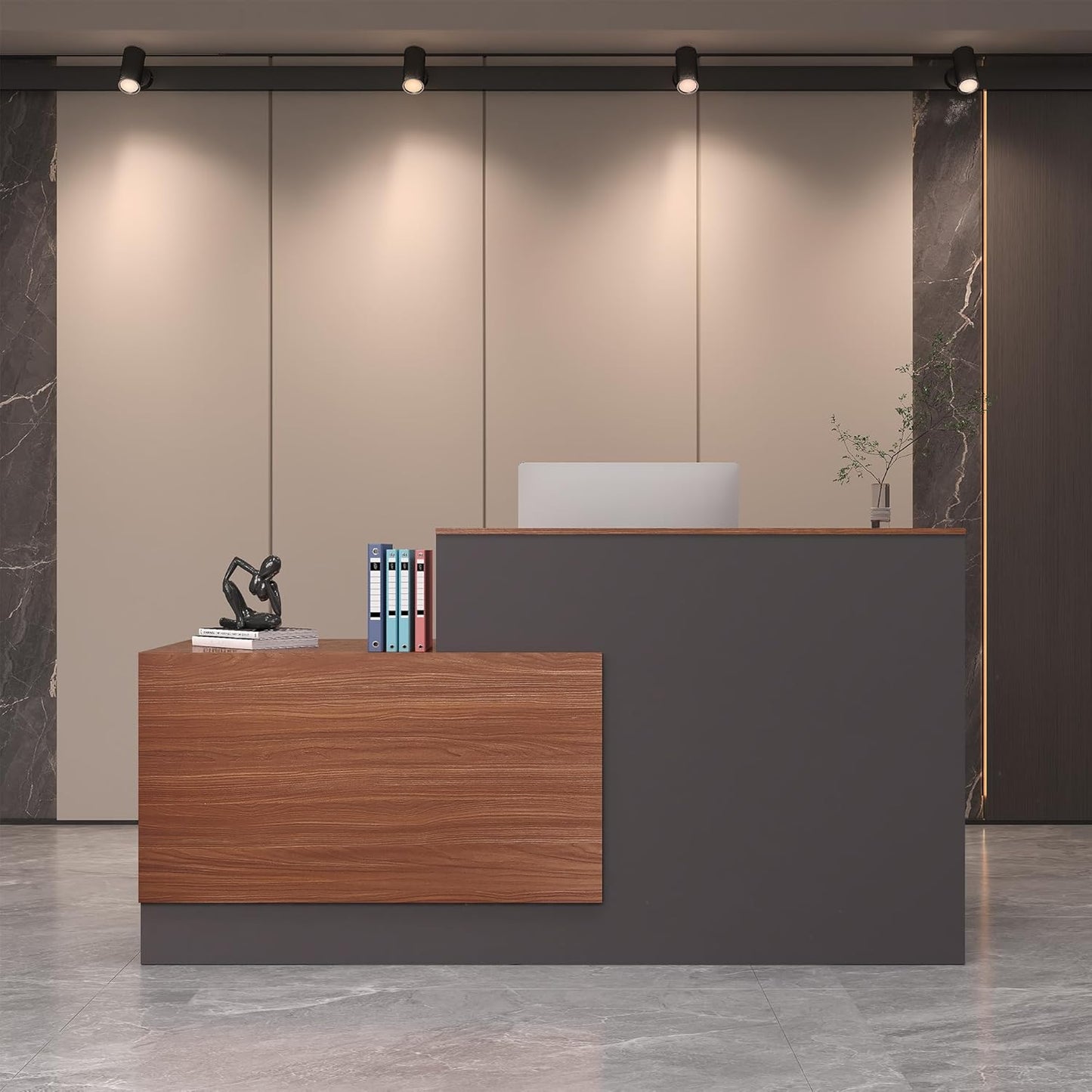 L-Shaped Reception Desk with Lockable Drawers, Adjustable File Cabinet & Keyboard Tray, Modern Front Counter for Office, Salon, or Lobby (Right-L Walnut/Slate Gray, 70.9''L X 23.6''W X 41.3''H)