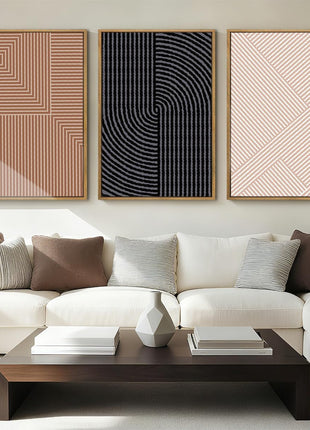 Neutral Abstract Modern Canvas Wall Art Set of 3 - Framed Black, White, and Beige Decor for Boho Minimalist Aesthetics, Geometric Line Paintings for Living Room, Bedroom, and Office - 16x24 Inches