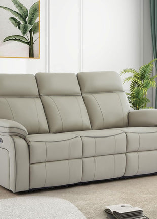 Power Reclining Sofa with Fold-Down Table, Breathable Leather Electric Recliner with Cup Holders, Outlets, and USB-C Ports for Living Room (Grey, 3-Seater)