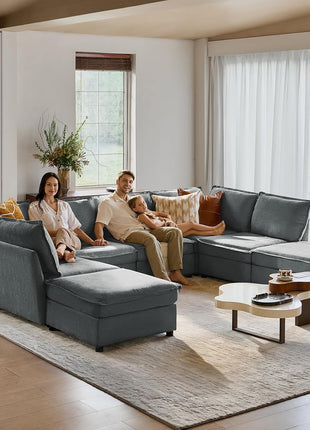 Oversized Modular Sectional Sofa - 8-Seat U-Shaped Couch with Storage Ottoman, Comfortable Chenille Fabric, Deep Seat, Convertible Design for Living Room, Grey