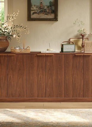 67-Inch Fluted Walnut Buffet Cabinet Sideboard with Ample Storage, Mid-Century Modern Credenza Featuring Six Doors for Kitchen and Living Room (67" W x 31.5" H x 15.7" D)