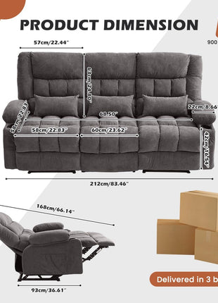 Oversized 3-Seat Manual Recliner Sofa with Cup Holders and Ergonomic Design for Living Room, Featuring Side Pocket for Adults