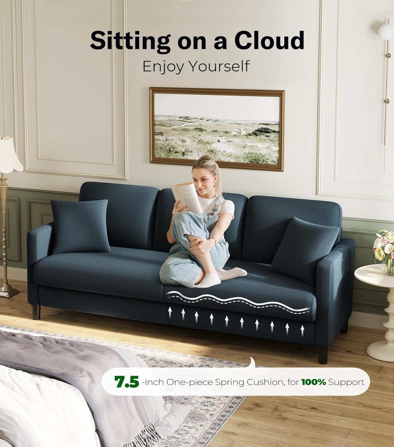 83" Couches for Living Room, Comfy Sofas for Living Room, Teddy Sofa Couch, Tool-Free Setup Loveseat Sofa, All-Wood Love Seat Couches, Small Couch 2 Pillows Included, Blue Grey