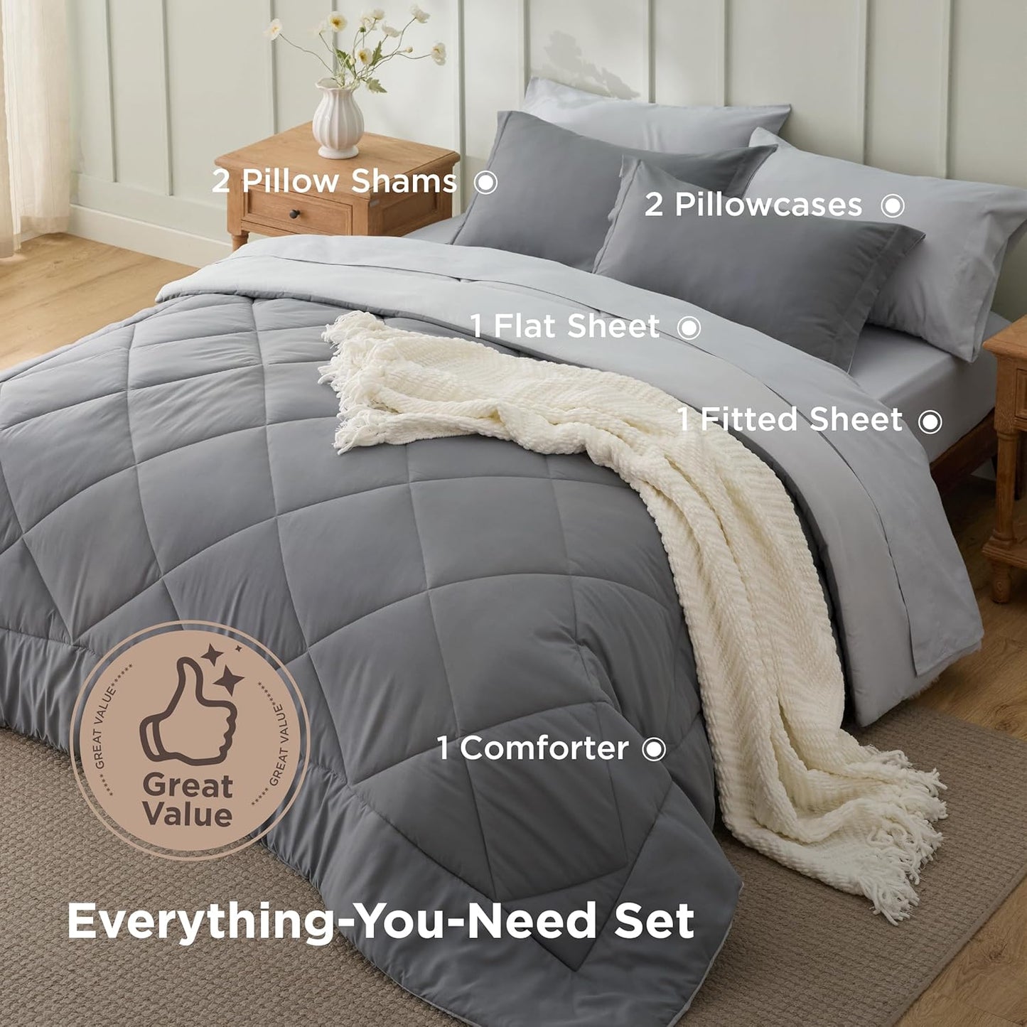 Queen Comforter Set - 7 Pieces Reversible Grey Bedding, Gentlesoft™ Queen Size Bed Set Gift for Family, Bed in a Bag with Warm down Alternative Comforter, Sheets, Pillowcases & Shams