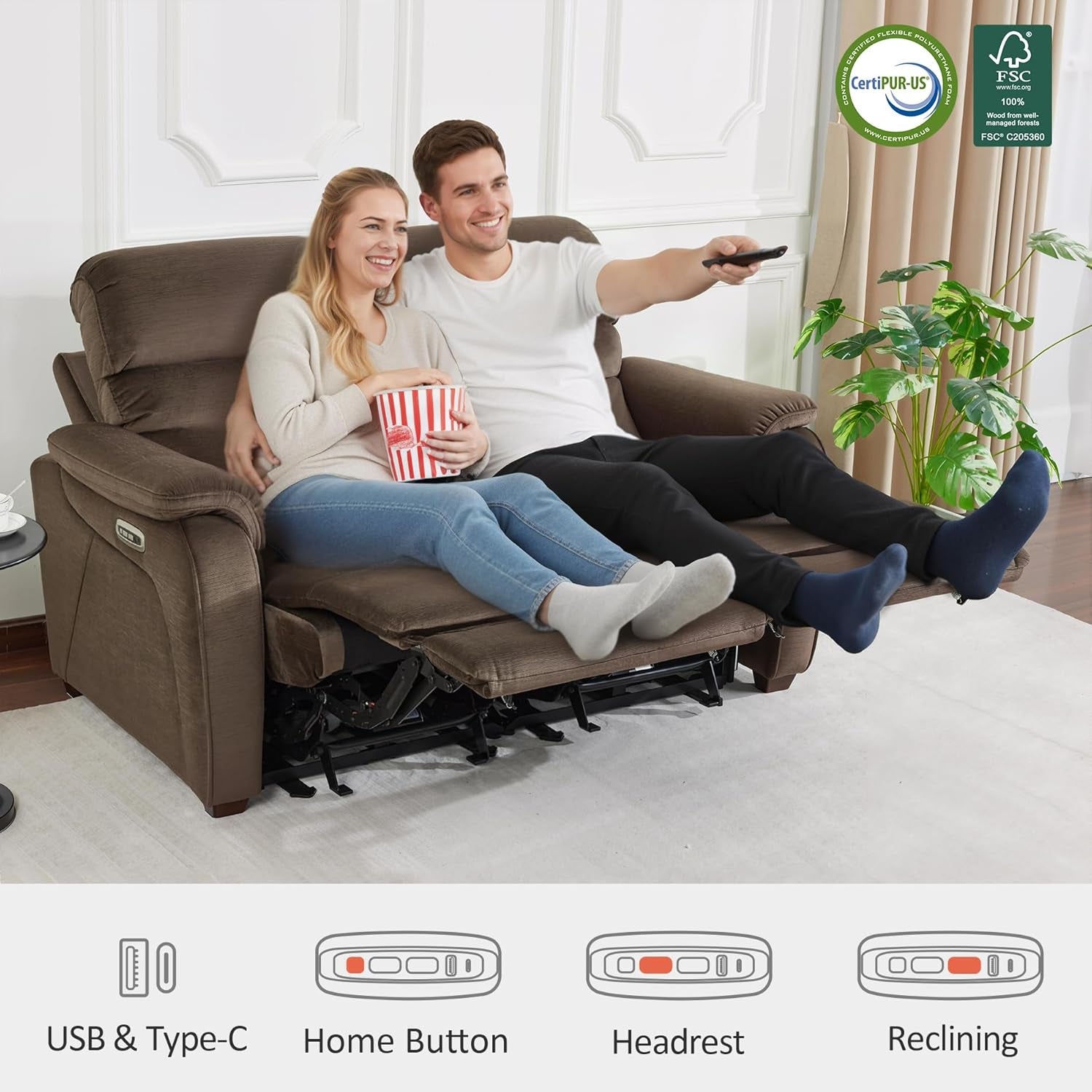 61.6'' Wall Hugger Power Loveseat Recliner, Reclining Loveseat with Adjustable Headrest, USB Charge Ports, Wood Legs for Living Room, Rvs, Small Spaces, Fabric ST258M1 (Loveseat, Coffee)