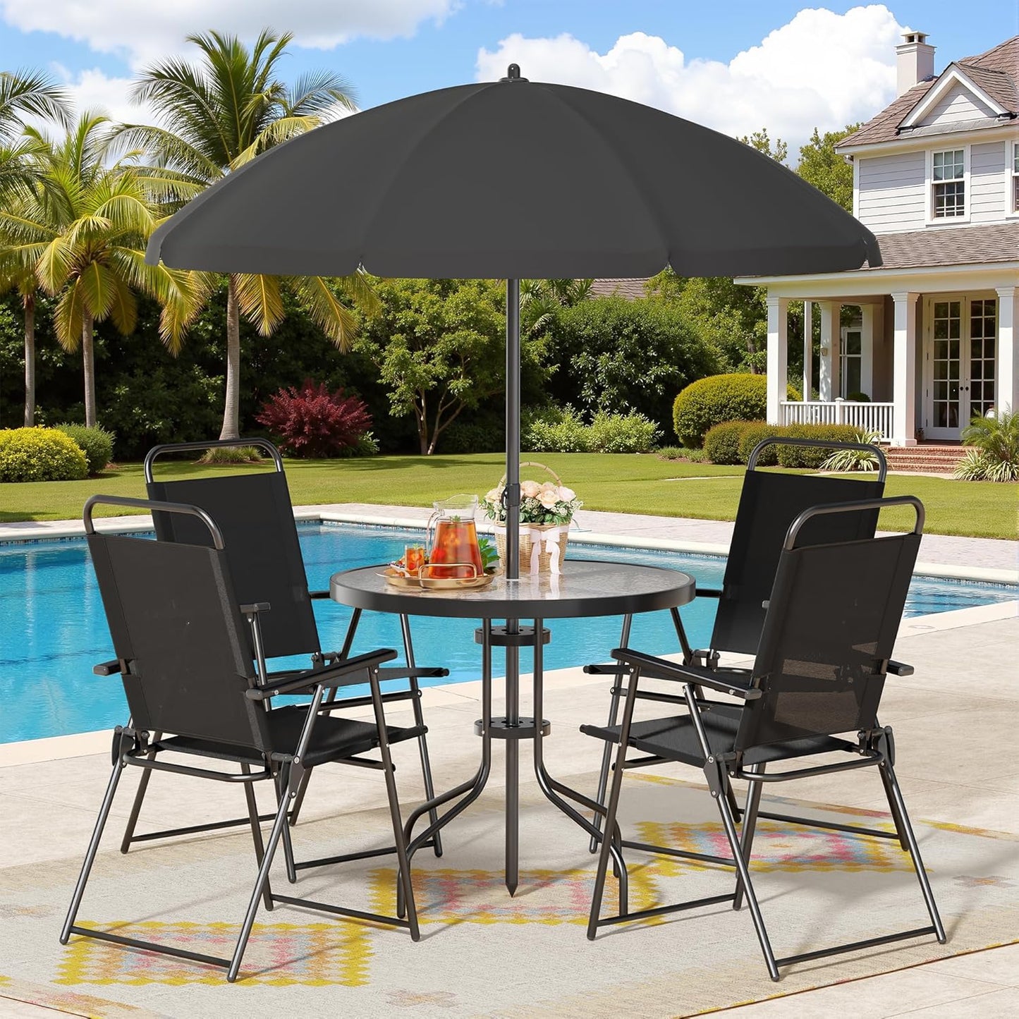 6 Piece Patio Dining Set with Umbrella, Outdoor Furniture Set with 4 Folding Chairs and Tempered Glass Top Dining Table Fot Lawn Backyard Garden Porch Black