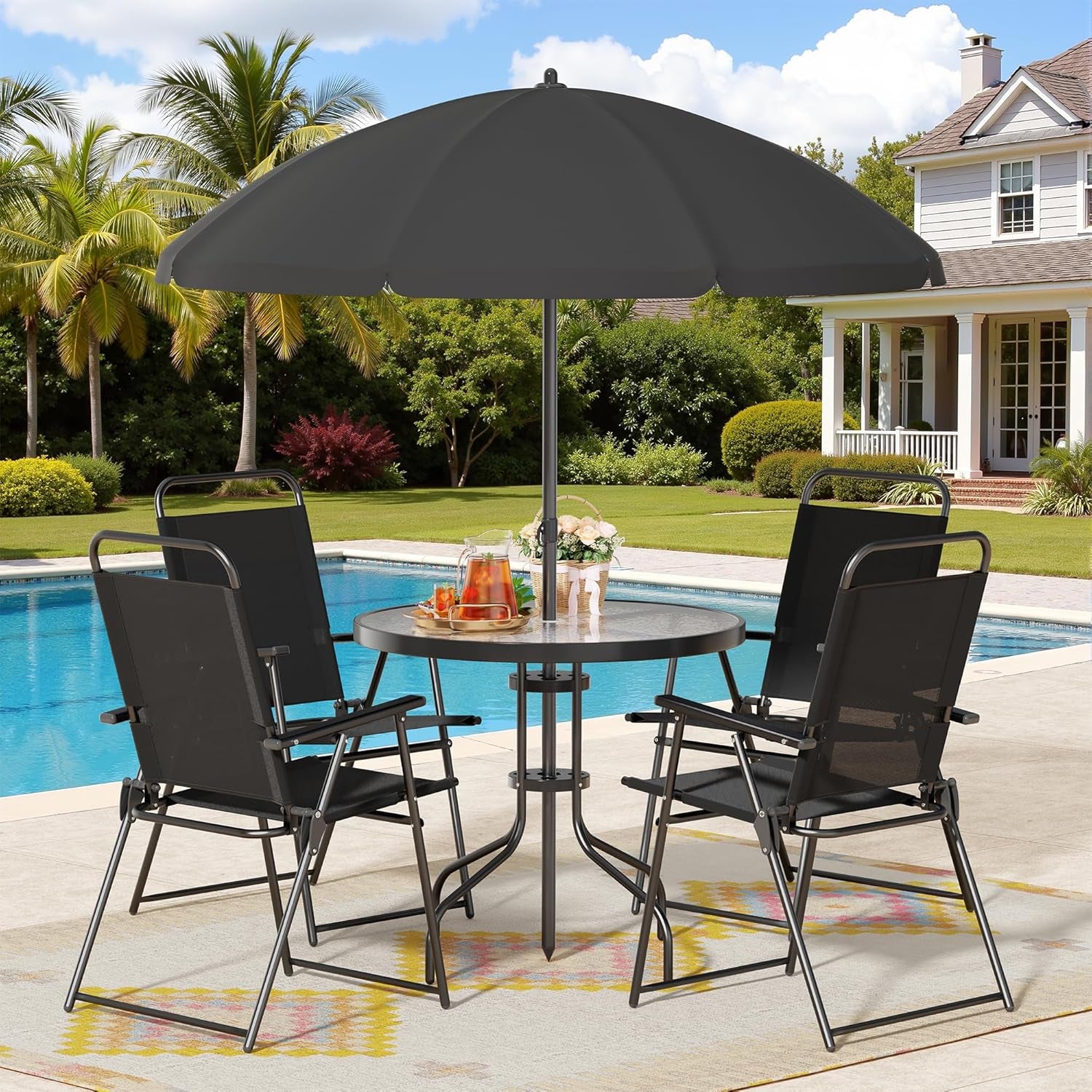 6 Piece Patio Dining Set with Umbrella, Outdoor Furniture Set with 4 Folding Chairs and Tempered Glass Top Dining Table Fot Lawn Backyard Garden Porch Black