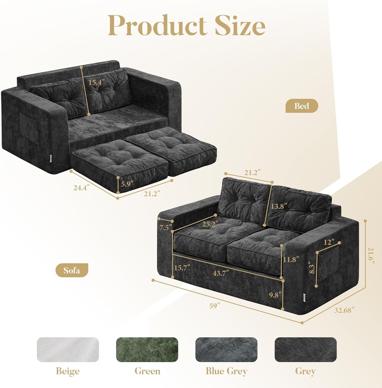 Sofa Couch Loveseat Sofa with Chenille Fabric 2-Seater Sofa for Small Spaces Comfortable Foam Floor Sofa 2 in 1 Boneless Couch for Living Room Bedroom Apartment or Office (Grey, Loveseat)