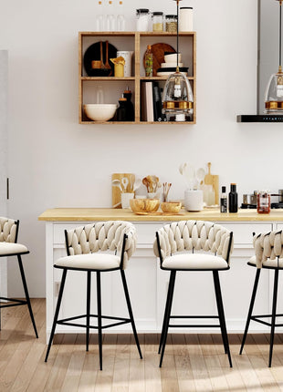 Set of 4 Contemporary 30-Inch Upholstered Bar Stools with Woven Backrest and Footrest for Kitchen and Dining Areas (Ivy)