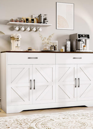 Modern 55.1-Inch Sideboard Buffet Cabinet with Storage, Drawers, and Doors for Kitchen and Living Room, White Wood Farmhouse Coffee Bar Table