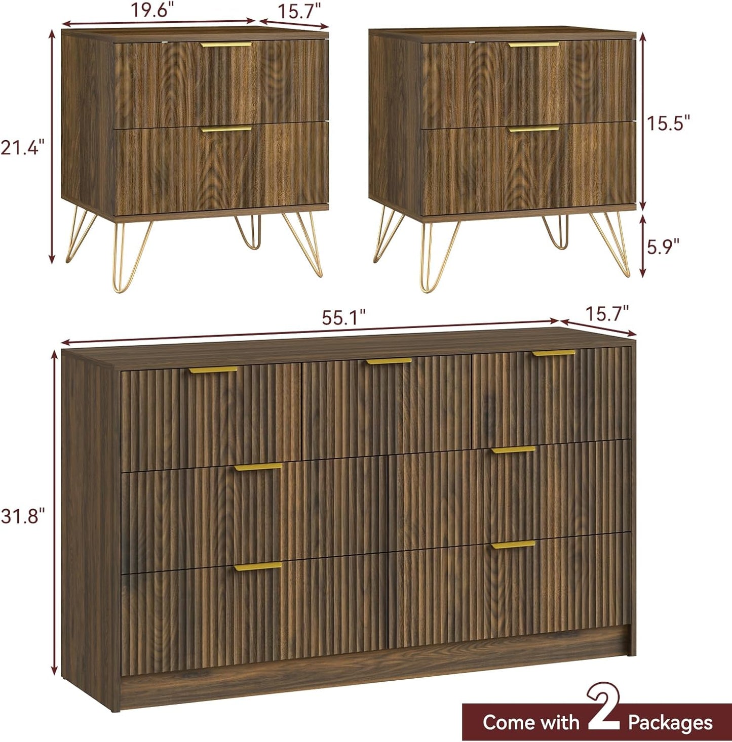 7 Drawer Dresser and Nightstand Sets for Bedroom, 3 Pcs Bedroom Set，Night Stand Set of 2 & 7 Drawer Dresser with Gold Handles, Wood Chest of Drawers Mid Century Storage Cabinet Set, Natural