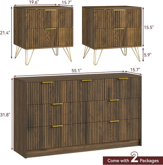 7 Drawer Dresser and Nightstand Sets for Bedroom, 3 Pcs Bedroom Set，Night Stand Set of 2 & 7 Drawer Dresser with Gold Handles, Wood Chest of Drawers Mid Century Storage Cabinet Set, Natural