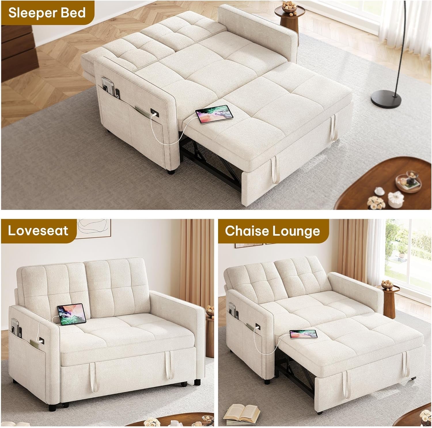 55" Convertible Sofa, 3-In-1 Sleeper Sofa with Pull-Out, Velvet Futon Couch with Adjustable Backrest and USB, Modern Loveseat for Living Room Apartment, Light Beige