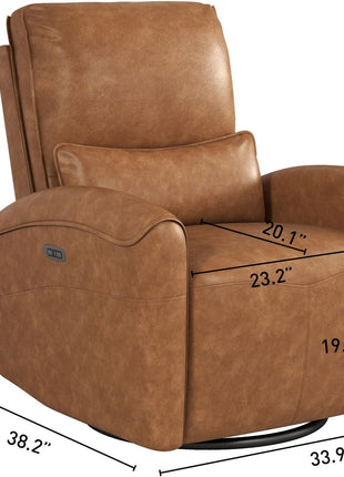 Power Swivel Rocker Recliner Chair with USB Charging Port, 23.2-Inch Wide Seat, Fixed Lumbar Support, Upholstered Glider for Nursery and Living Room, Brown