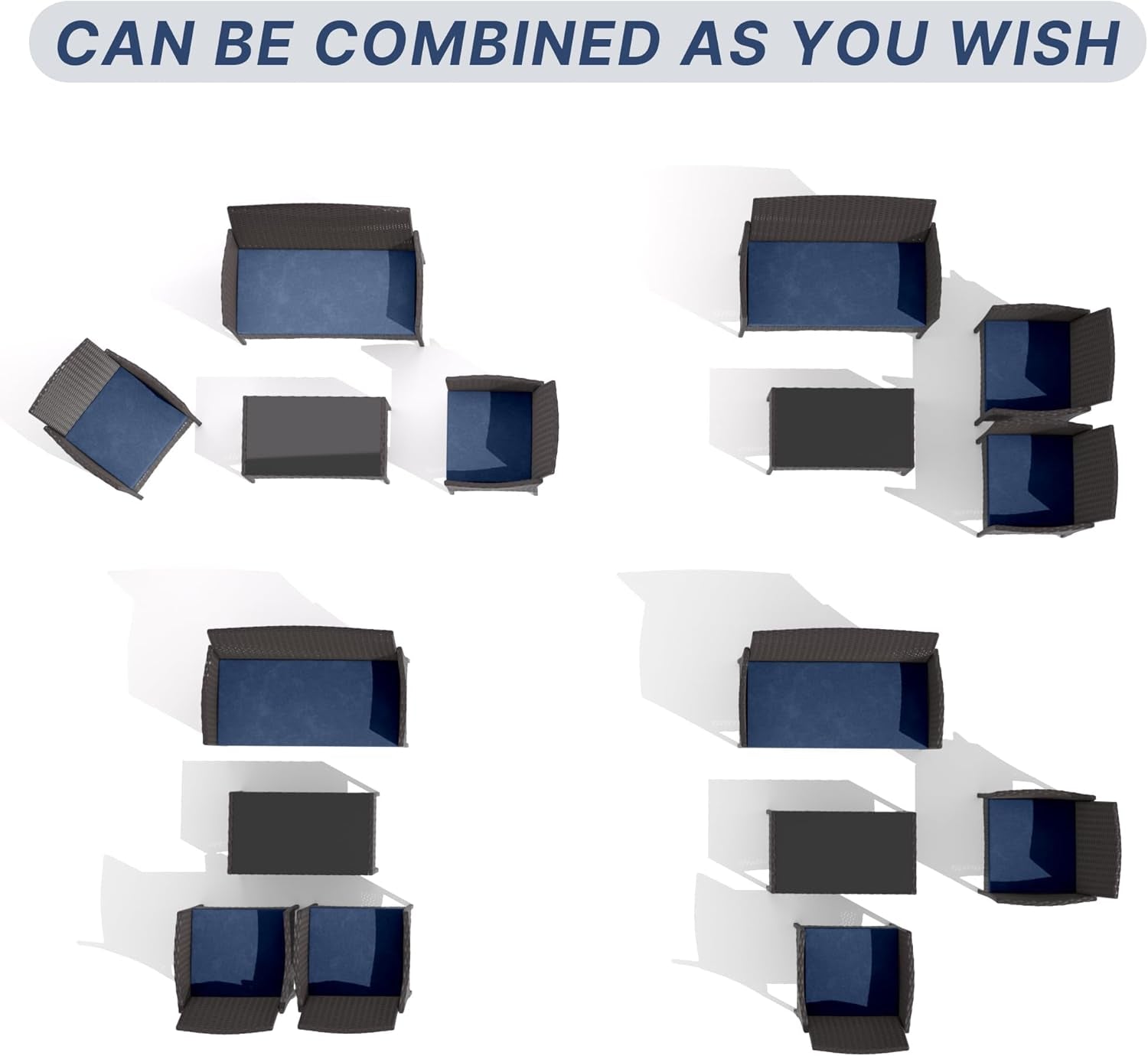 4-Piece Outdoor Patio Furniture Set, Wicker Rattan Chairs & Sofa with Cushions and Glass Coffee Table, Conversation Set for Backyard, Lawn, Porch, Pool, Garden (Navy-2)