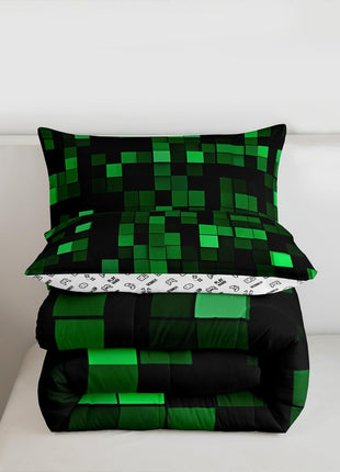 Pixelated Miners Full Size Comforter Set for Kids, Geometric Check Video Game Bedding, Gamepad Camo Grid Quilt with 2 Pillowcases, Black and Green Bedroom Decor