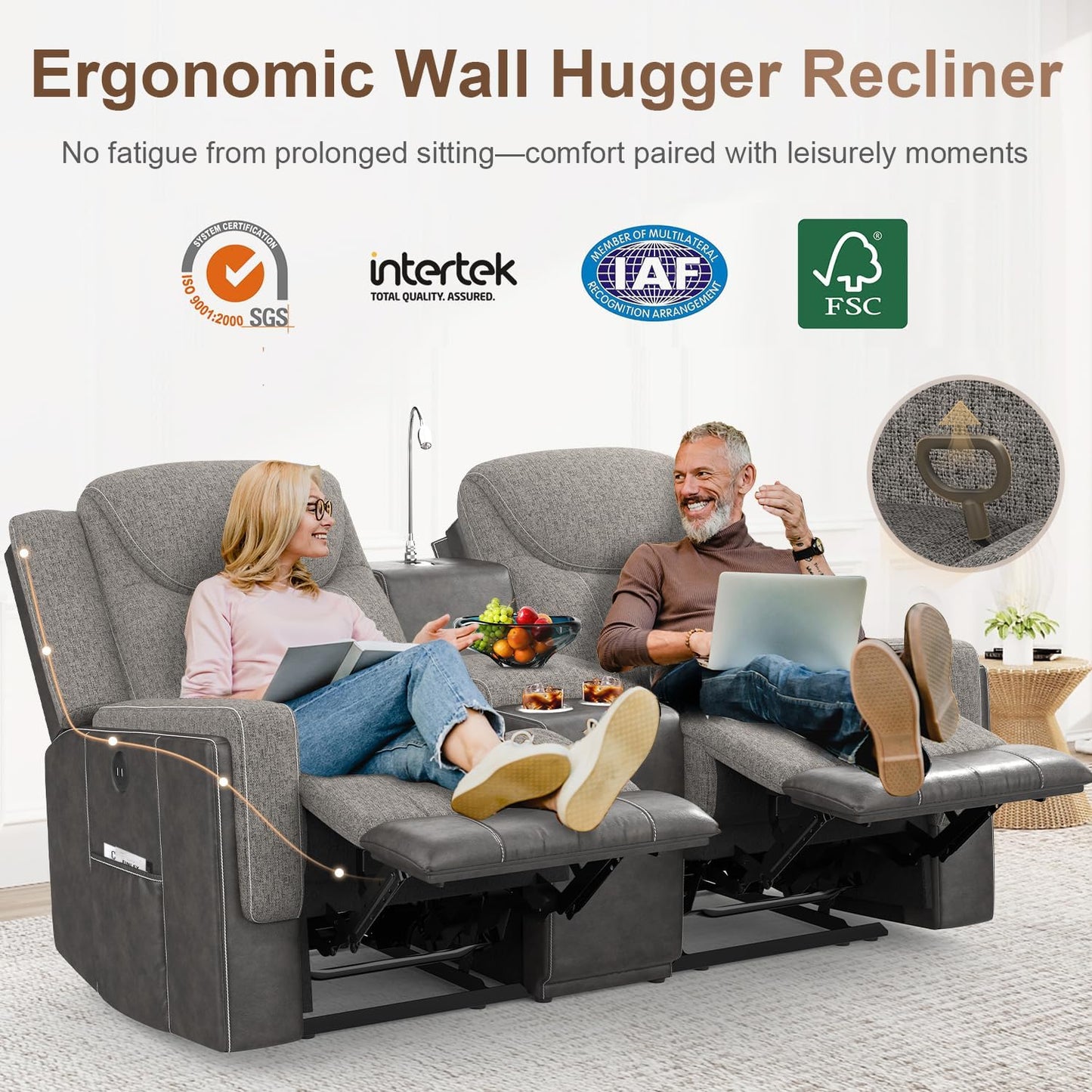 Loveseat Recliner Sofa, Manual Reclining Loveseat with Reading Light, Chic Blend Style Sofa, Storage Console, Cup Holders, USB Ports, Fabric & PU Leather, Recliner Couch for Living Room/Rv