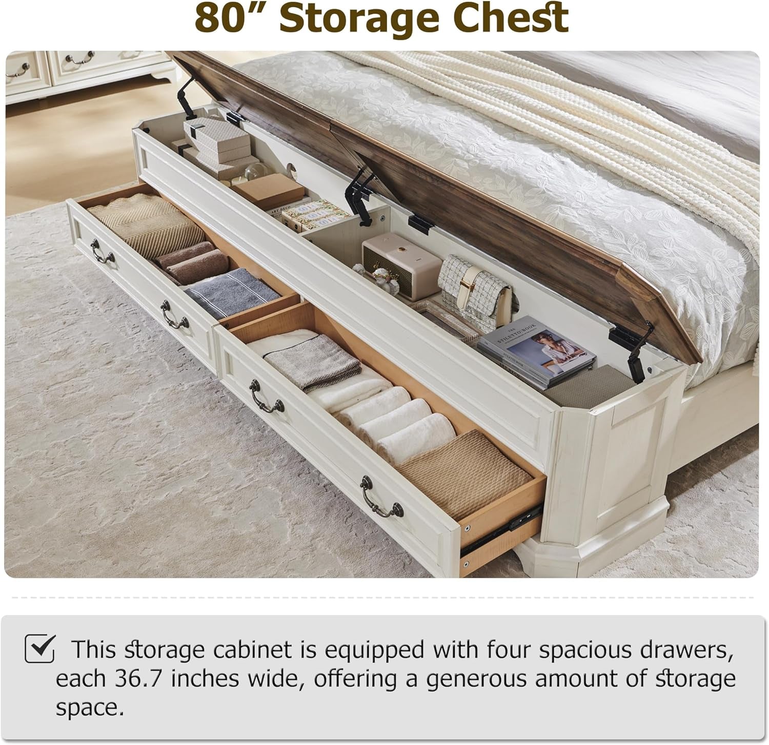 Farmhouse King Bed with Headboard and Storage Bench, Rustic Wood Platform Bed with 80" Storage Chest W/ 4 Large Drawer (Antique White)