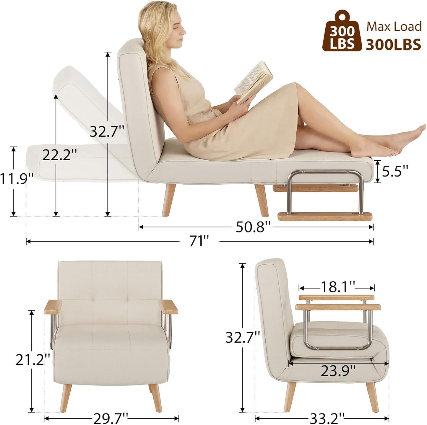 Folding Chair Bed, Convertible Chair to Bed，3-In-1 Convertible Sleeper Chair Bed, Futon Chair with 6-Level Adjustable Backrest for Guest Room, Apartment, Dormitory, Home Office Cream Beige