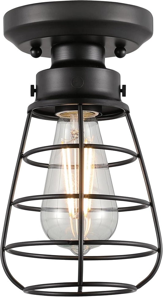 6130700 Bandera Vintage-Style 5 Inch, One Light Semi-Flush Mount Ceiling Fixture, Matte Black Finish, Cage Shade