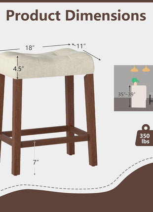 Set of 2 Upholstered 24" Counter Height Saddle Bar Stools with Footrest and Wooden Legs, Farmhouse Button-Tufted Backless Design for Kitchen Island, Dining Room, and Café in Beige and Brown