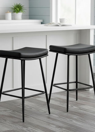 Set of 3 Contemporary 26-Inch Black Leather Backless Saddle Bar Stools with Dual-Layer Cushion and Metal Legs for Kitchen Counter and Dining Room