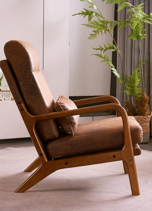 Karl Mid-Century Modern Accent Chair with Pillow, High Back Bronzing Fabric Upholstery, Solid Wood Frame, and Plush Cushion for Living Room, Bedroom, or Balcony - Brown